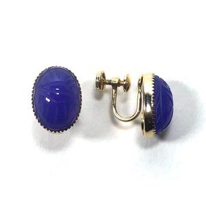 Vintage Egyptian Style Burt Cassell Gold Filled Blue Scarab Screw Back Earrings